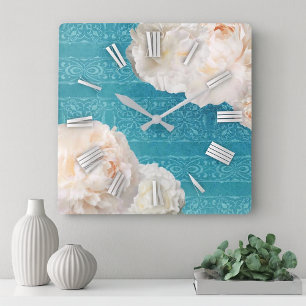 Reloj Cuadrado Flores De Peones Blancos Sobre El Patrón De Damasc