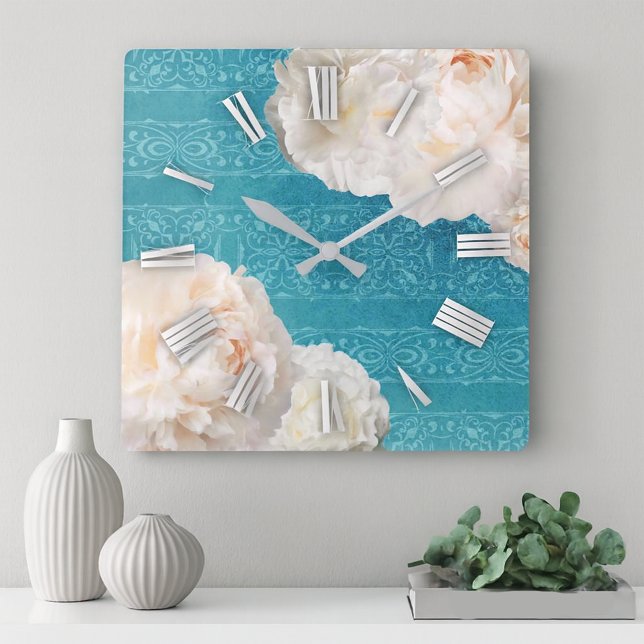 Reloj Cuadrado Flores De Peones Blancos Sobre El Patrón De Damasc (Subido por el creador)