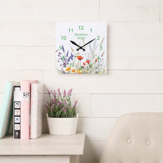 Reloj Cuadrado Flores de prado y lavanda (Sala de lectura)