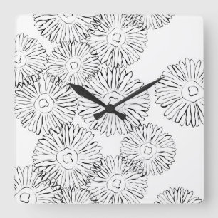 Reloj Cuadrado Flores de primavera abstractas en blanco y negro