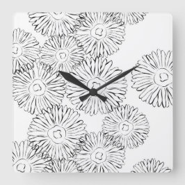 Reloj Cuadrado Flores de primavera abstractas en blanco y negro