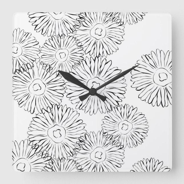 Reloj Cuadrado Flores de primavera abstractas en blanco y negro (Anverso)