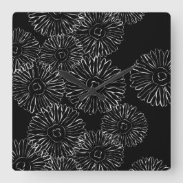 Reloj Cuadrado Flores de primavera abstractas en blanco y negro