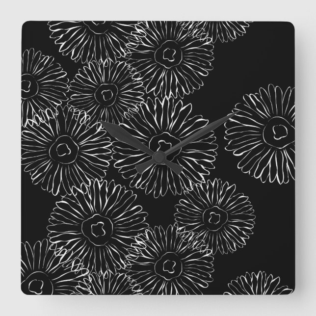 Reloj Cuadrado Flores de primavera abstractas en blanco y negro (Anverso)