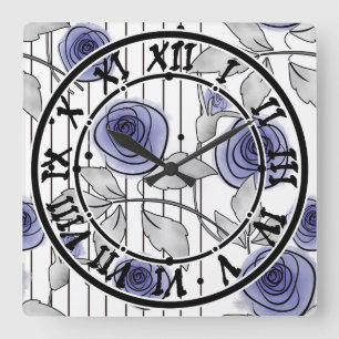 Reloj Cuadrado Flores de rosas modernas abstractas violeta gris b