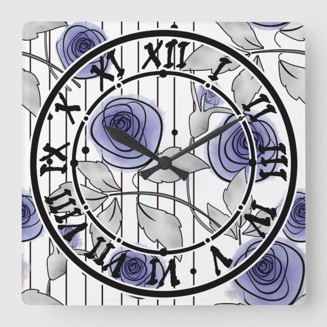Reloj Cuadrado Flores de rosas modernas abstractas violeta gris b (Anverso)