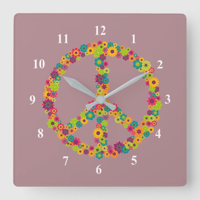 Reloj Cuadrado Flores de signo de paz hippie (Anverso)
