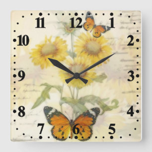 Reloj Cuadrado Flores de sol y mariposa