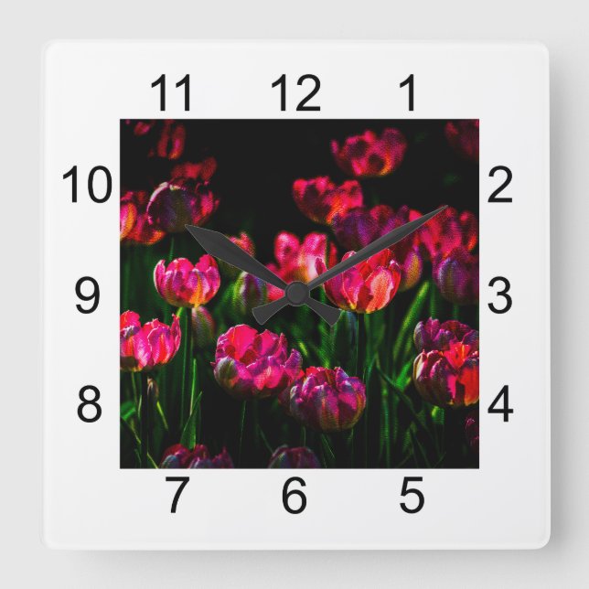 Reloj Cuadrado Flores de tulipano rosa (Anverso)