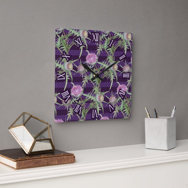Reloj Cuadrado flores de violeta cardo (Oficina)