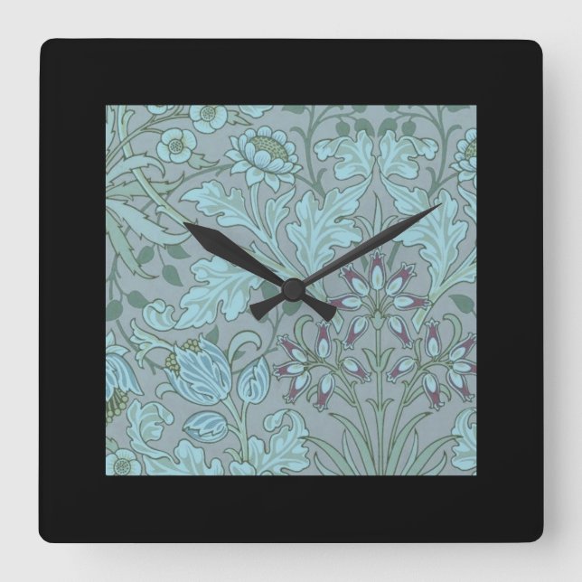 Reloj Cuadrado Flores Decorativas de Azul Pastel (Anverso)