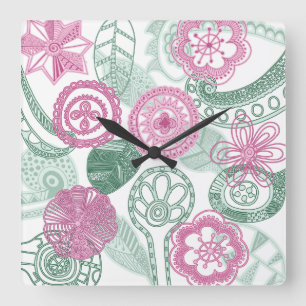 Reloj Cuadrado flores del doodle
