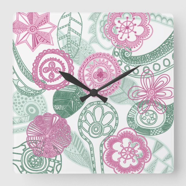 Reloj Cuadrado flores del doodle (Anverso)
