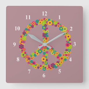 Reloj Cuadrado Flores del signo de la paz del hippy