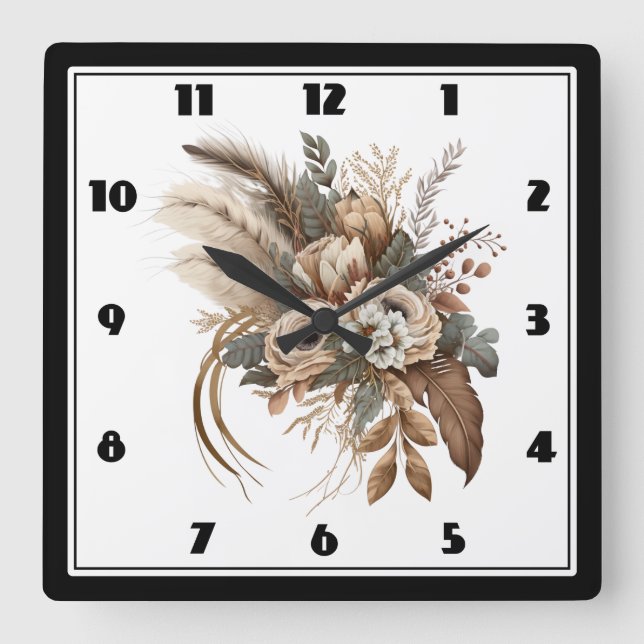 Reloj Cuadrado Flores elegantes Foliage y plumas (Anverso)