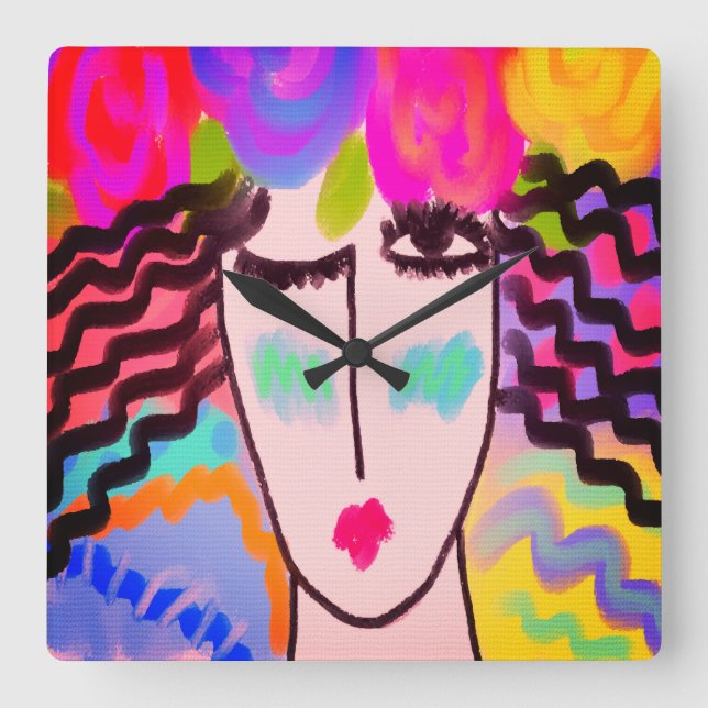 Reloj Cuadrado Flores en su arte abstracto del pelo (Anverso)