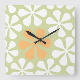 Reloj Cuadrado Flores grandes abstractas blancas y naranja en la