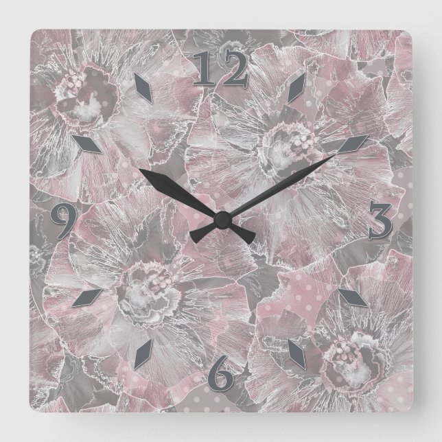 Reloj Cuadrado Flores grandes de color gris rosa (Anverso)