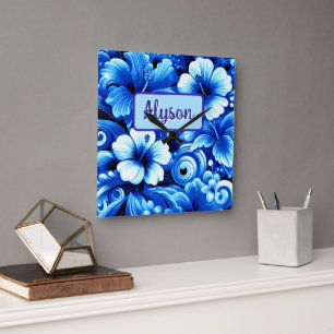 Reloj Cuadrado Flores Hawaianas Tropicales Hibisco Personalizadas