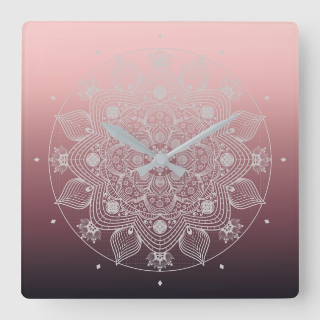 Reloj Cuadrado Flores, hojas, Mandala floral de encaje blanco sob (Anverso)