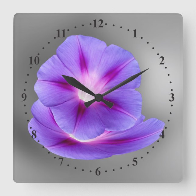 Reloj Cuadrado flores moradas brillantes (Anverso)
