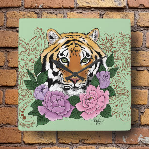 Reloj Cuadrado Flores moradas rosadas del tigre Henna