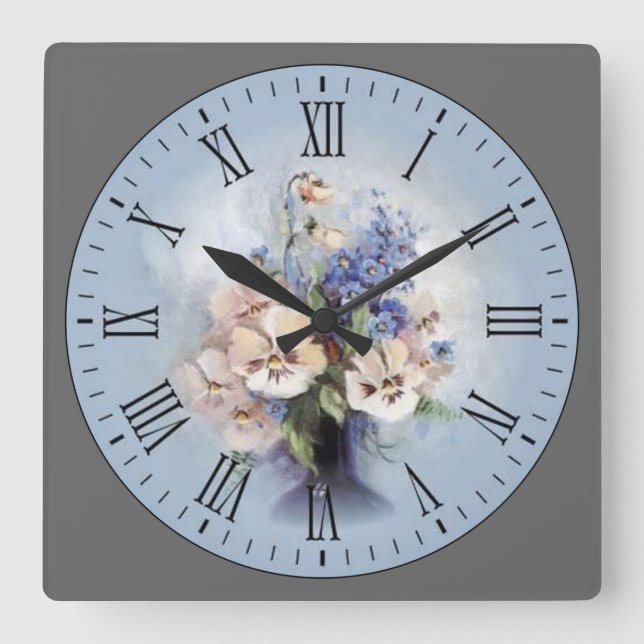 Reloj Cuadrado Flores moradas-rosas-blancas (Anverso)