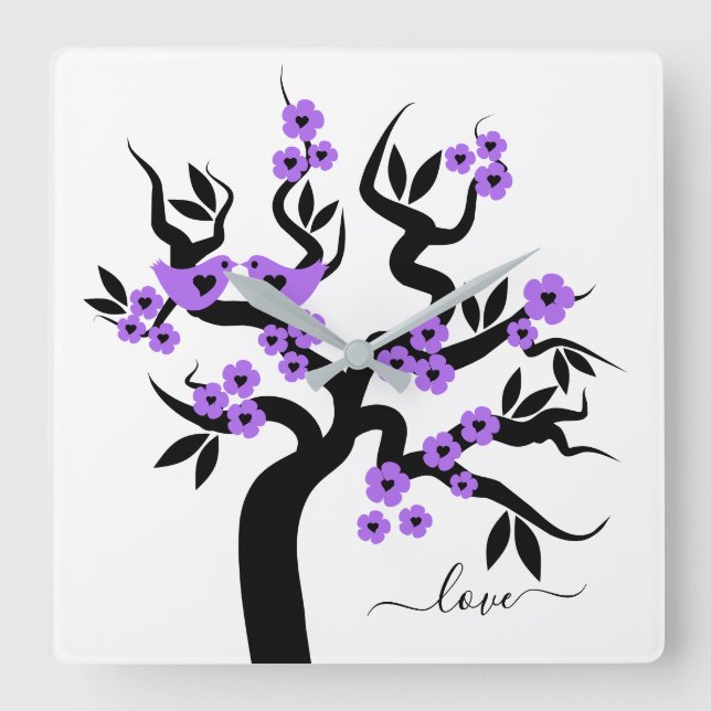 Reloj Cuadrado Flores moradas y aves amorosas sakura cerezo (Anverso)
