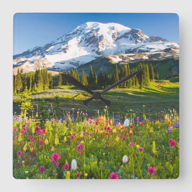Reloj Cuadrado Flores | Mt. Rainier Wildflowers (Anverso)