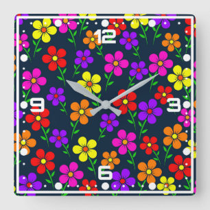 Reloj Cuadrado Flores Multicolores Patrón Floral