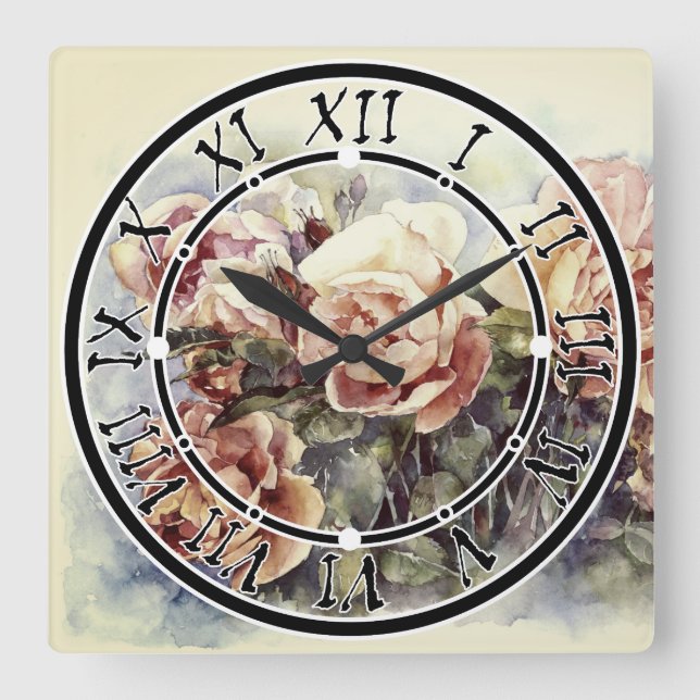 Reloj Cuadrado Flores naranjas acuarelas rosas ilustracion flowe (Anverso)