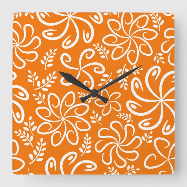 Reloj Cuadrado Flores naranjas y hojas Wall Clock (Anverso)