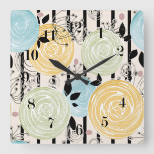 Reloj Cuadrado Flores retro, abstractas