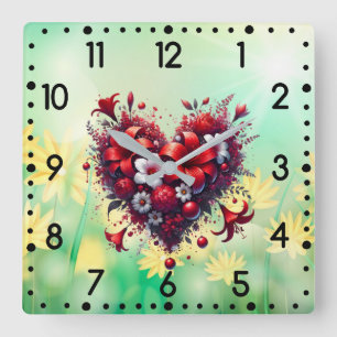 Reloj Cuadrado Flores Rojas de Primavera Corazón-53476