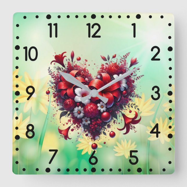 Reloj Cuadrado Flores Rojas de Primavera Corazón-53476 (Anverso)
