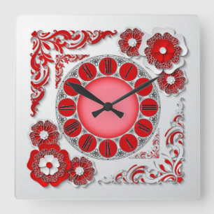 Reloj Cuadrado Flores rojas y blancas