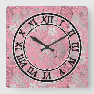 Reloj Cuadrado Flores románticas de encaje rosado impecable patró