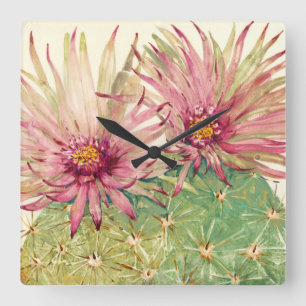 Reloj Cuadrado Flores rosadas de Cactus