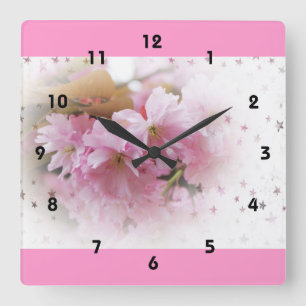 Reloj Cuadrado flores rosadas de cerezo. arte fotográfico floral.