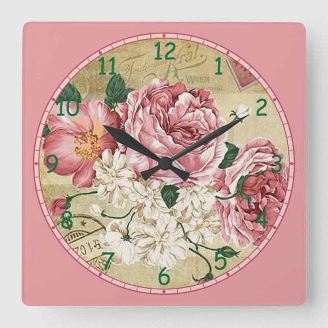 Reloj Cuadrado Flores rosas y blancas (Anverso)
