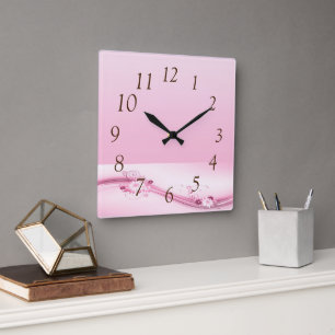 Reloj Cuadrado Flores rosas y olas