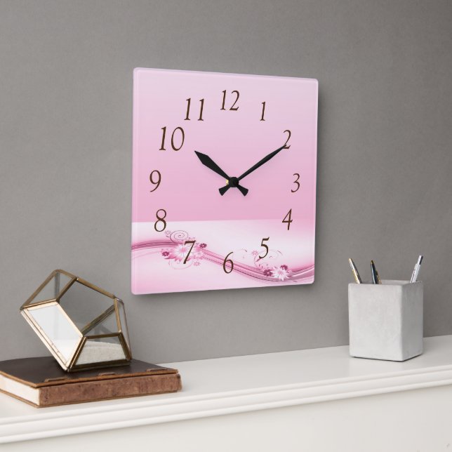 Reloj Cuadrado Flores rosas y olas (Oficina)