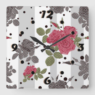 Reloj Cuadrado Flores rusas retro grises de rayas blancas rojas