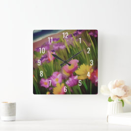 Reloj Cuadrado Flores silvestres al atardecer