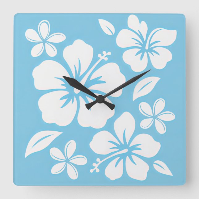 Reloj Cuadrado Flores tropicales de playa azul (Anverso)
