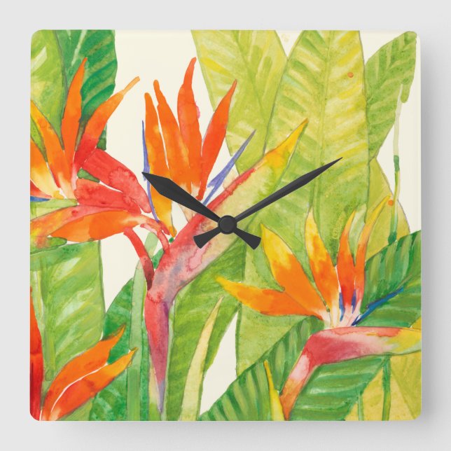Reloj Cuadrado Flores tropicales | Pájaro del paraíso (Anverso)