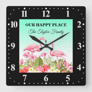 Reloj Cuadrado Flores Tropicales y Diseño de Flamencos