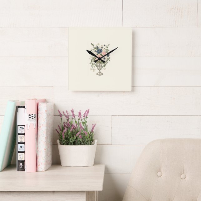 Reloj Cuadrado Flores verdes de marfil rosado de malva azul (Sala de lectura)
