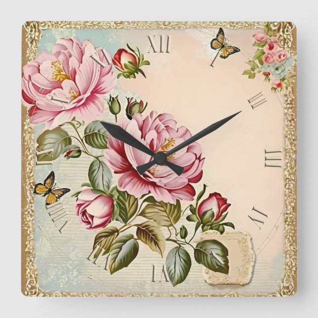 Reloj Cuadrado flores vintage shabby chic (Anverso)