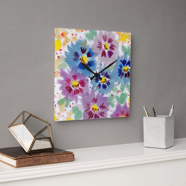 Reloj Cuadrado Flores violetas  (Oficina)